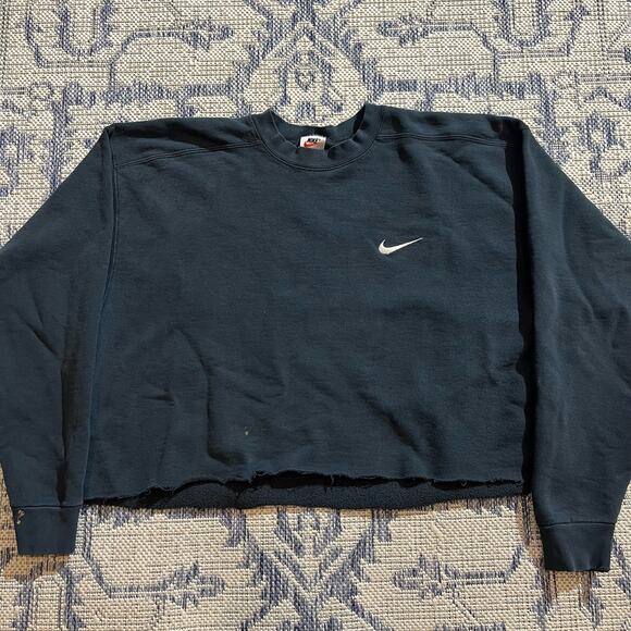 VTG 90's Black Nike Copped Swoosh Crewneck Boxy Sweatshirt SZ L - Picture 1 of 6